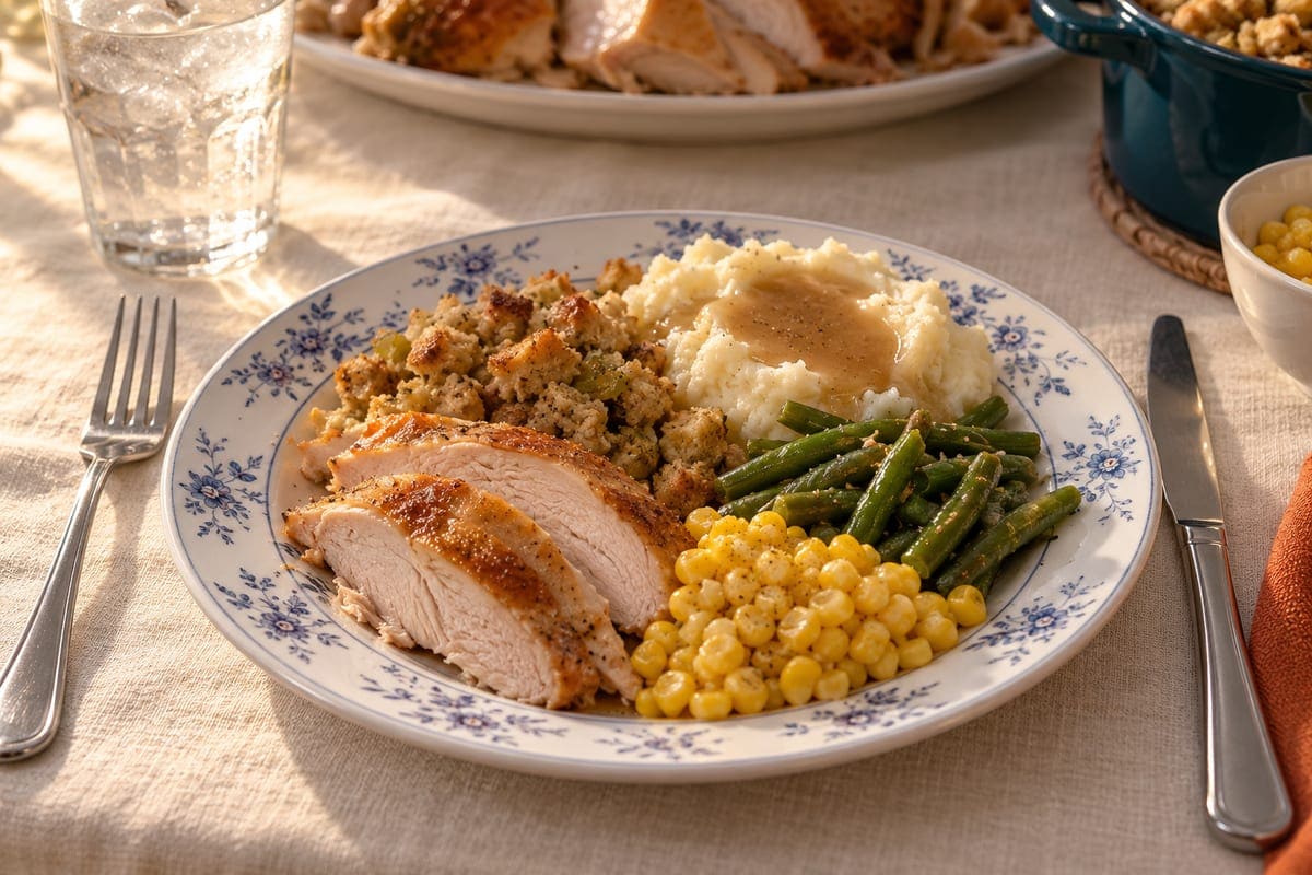 Un plato con pavo, relleno, papas, ejotes y maíz.