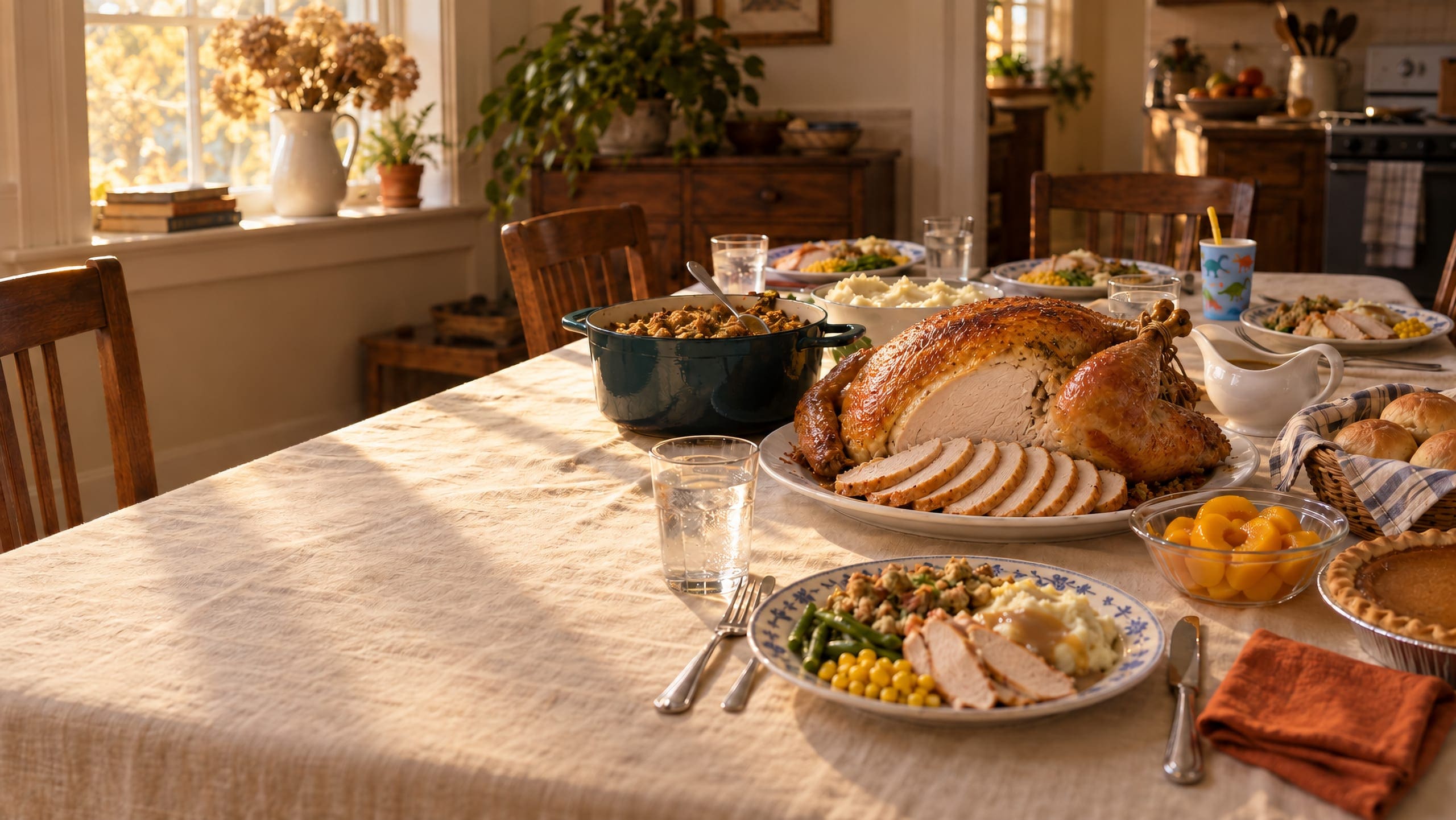 A Thanksgiving table in afternoon sun, set with a roast turkey, stuffing, potatoes, and pie.